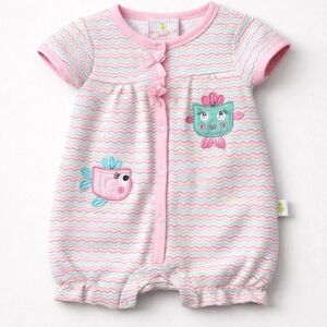 Duck Duck Goose Pink and Green fish appliqué cotton romper 3-6 months EUC